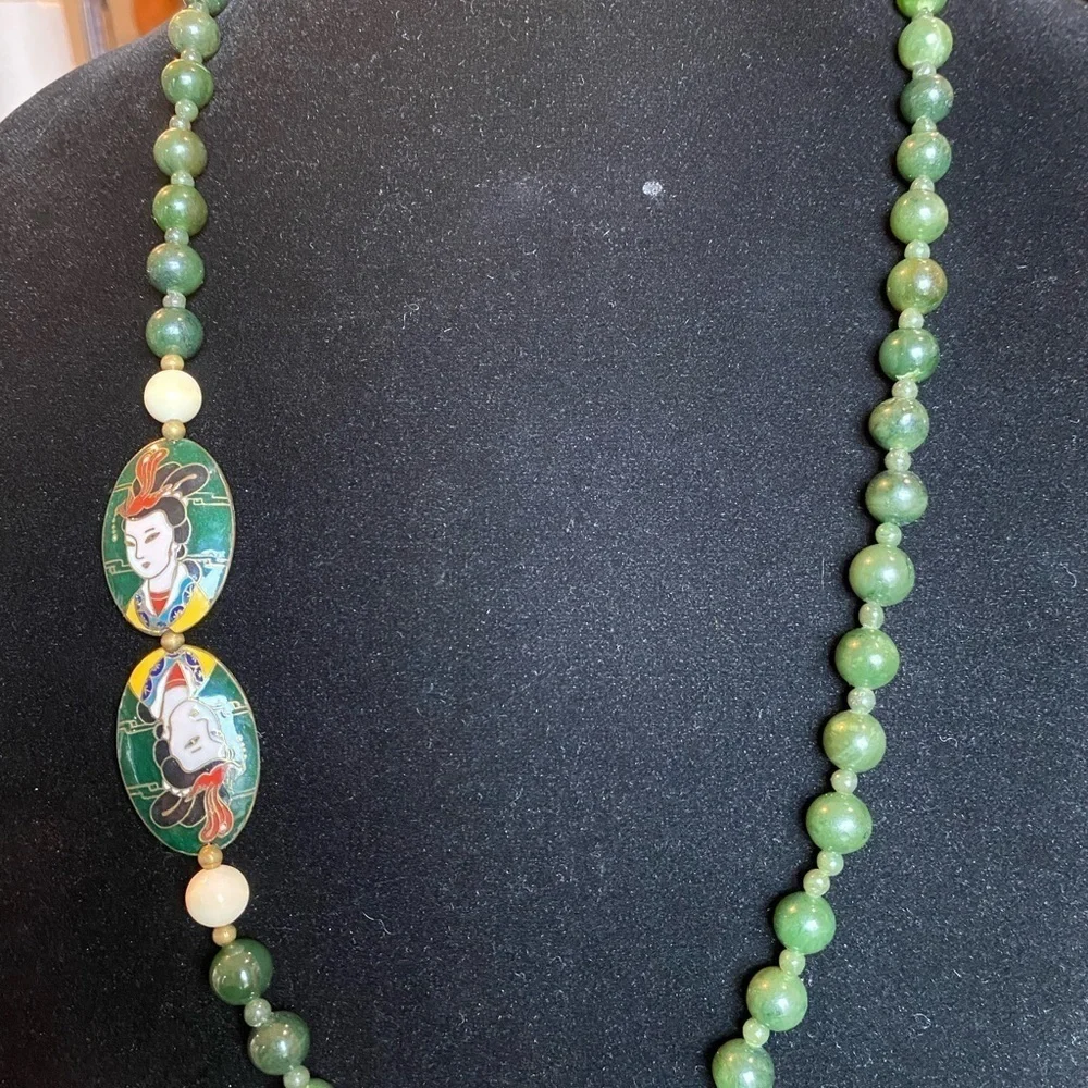 Exquisite Vintage Chinese Cloisonne, Grade A Jade with Silver Clasp Necklace